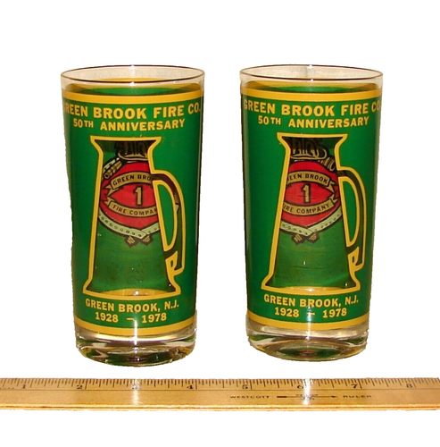 Vtg 1978 Green Brook NJ Fire Co. Glass Tumblers, 50th Anniversary, Firefighter
