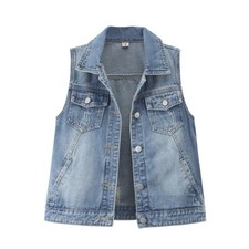 Femme Slim Jeans Gilet Décontracté sans Manche Veste Jean Haut Bleu