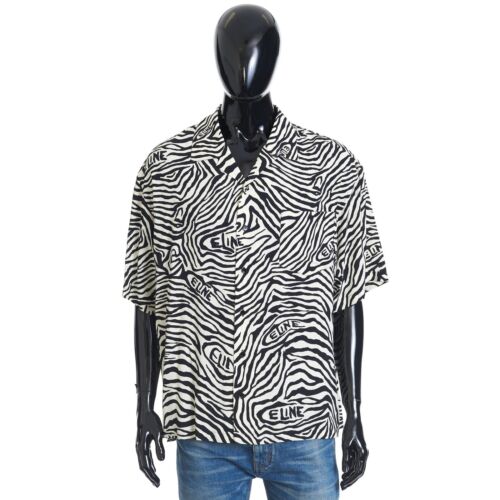 Chemise hawaïenne CELINE 990$ - viscose noire/blanche, impression logo zèbre, coupe ample - Photo 1 sur 12