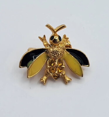 Vintage Petite Bee Pin Brooch Gold Time Black Yellow Enamel Jewelry Pendent