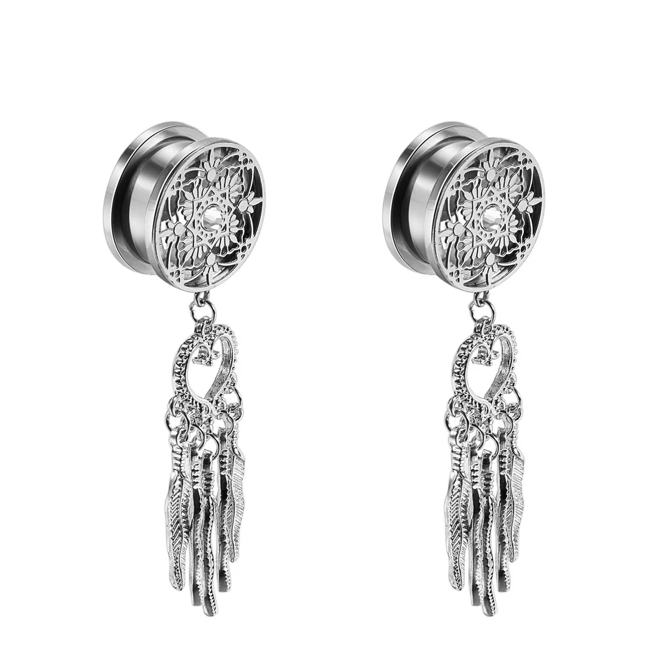 Kit de estiramiento expansor de oreja calibre túnel caída pluma corazón corazón acero quirúrgico 2 piezas Foto 2 de 4