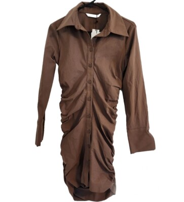 New Zara Brown Shirt Dress with Gathering Size M | eBay