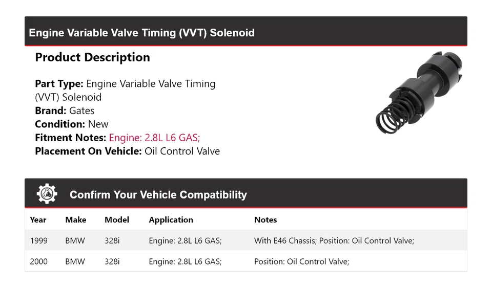 Puertas de válvula de control de aceite solenoide VVT para BMW 328i 1999-2000 2,8 L L L6 Foto 2 de 4