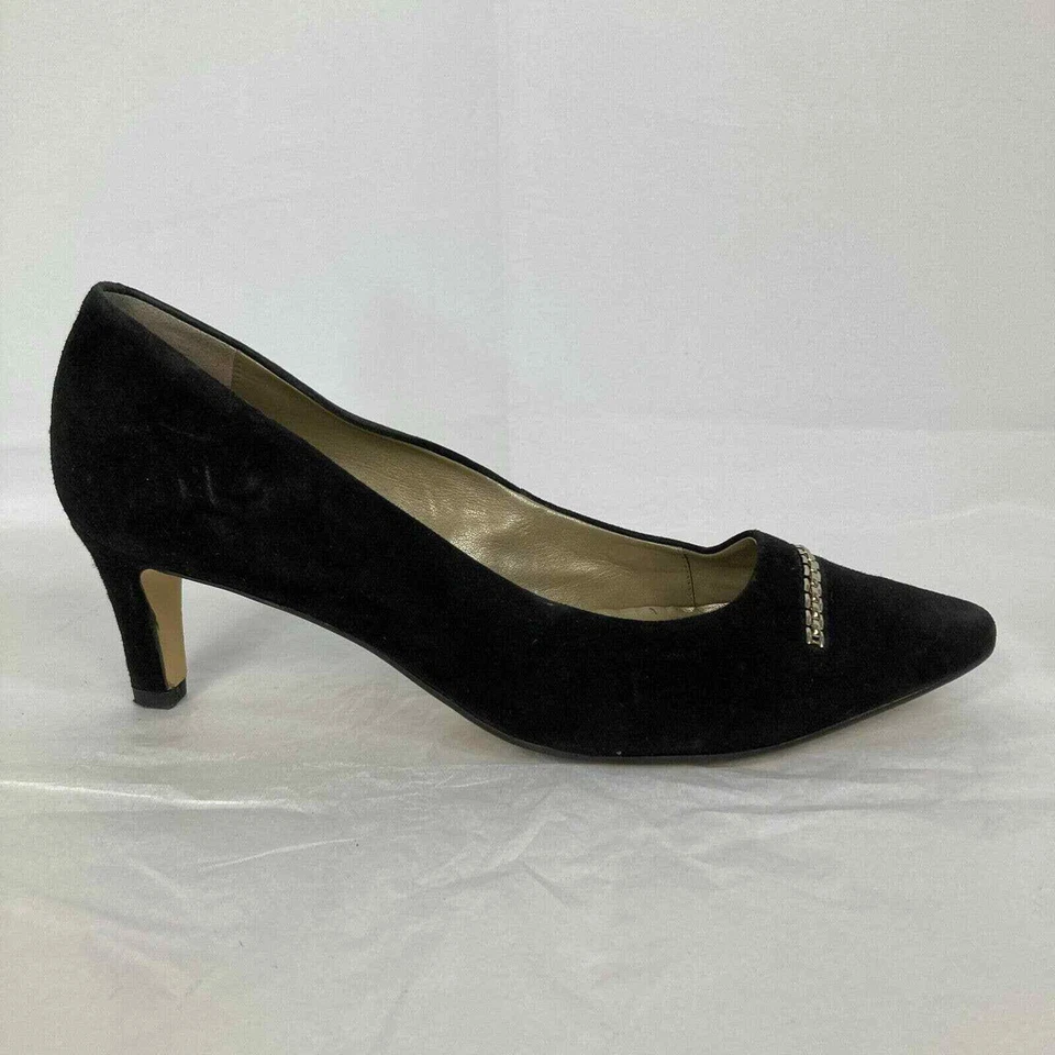 Zapatos de salón Van-Dal Whitwoth X para mujer talla 8 EEE negros gamuza oro cadena tacones  Foto 2 de 4