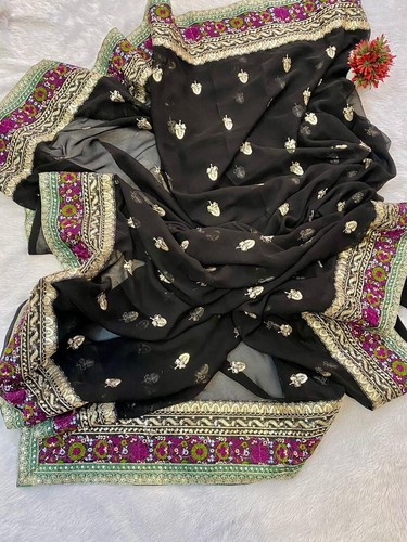 Enchanting Black Embroidered Pure Georgette Saree With Blouse Piece, Sequins - Picture 3 of 9