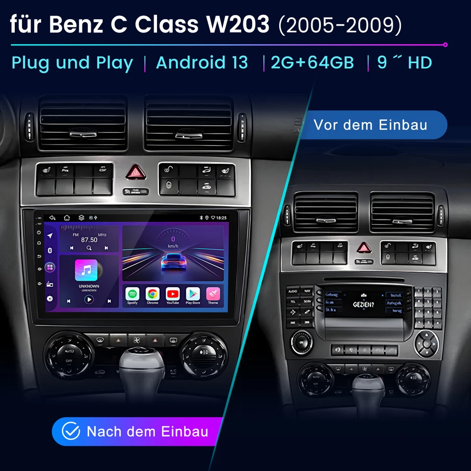 Für Mercedes-Benz C/CLK/CLC Klasse W203 W209 Autoradio Android13 Carplay GPS SWC - Bild 2 von 4