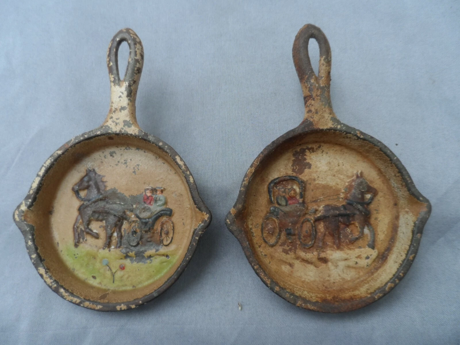2 Vintage / Antique Miniature Amish Folk Art Hand Painted Cast Iron Frying Pan