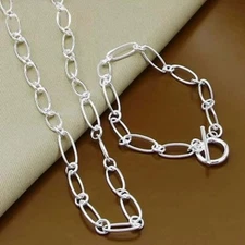 925 Sterling Silver Simple Chain Necklace Bracelet Set Women Wedding Jewelry