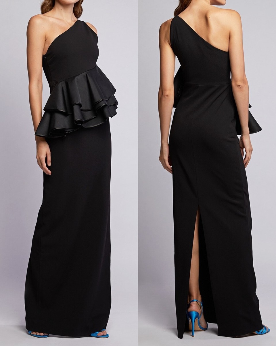 パーティードレス Black Solace Ruffle Sleeve Dress Solace London crepe one shoulder peplum ruffle black gown UK