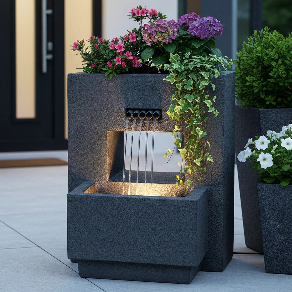 Gartenbrunnen mit Beleuchtung bepflanzbar Betonoptik 57 cm Springbrunnen LED - Bild 4 von 4
