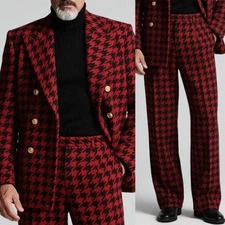 2025 Men's Red Houndstooth Plaid Men's Suits for Wedding Business Evening Dinner