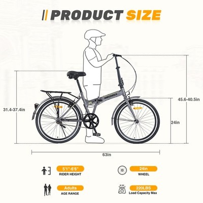 24 Inch Folding Bike for Adults with Fenders, Steel Frame Single