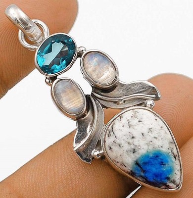 Natural K2 Granite With Azurite & Topaz 925 Solid Sterling Silver Pendant 