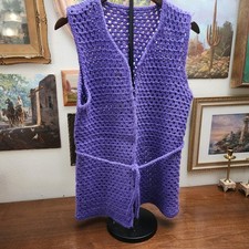 Handmade Vintage Purple Crochet Vest Boho Hippie Retro One Size Tie Waist