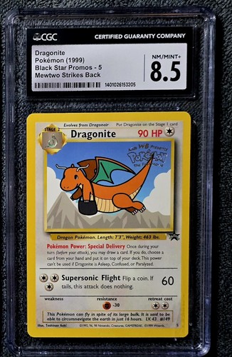 1999 😺 CGC 8.5 Dragonite #5 Mewtwo Strikes Back Pokemon Black Star Promo