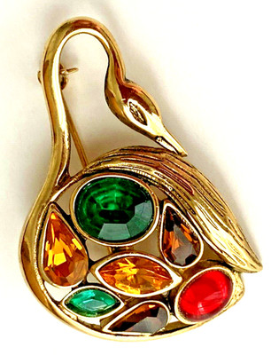 VOGEL BROSCHE SCHWAN Vintage Crystal Art Deco Stil signiert P&M Paris NEU 4,7cm