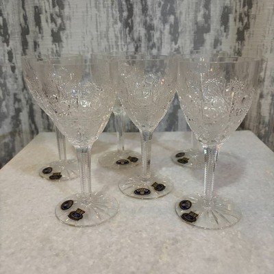 Vintage Bohemia Crystal Wine Glasses   Hand Cut Pinwheel Set of 6