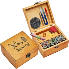 Sewing Kit Basket, Wooden Sewing Box with Accessories, Home Sewing Repair Tool K