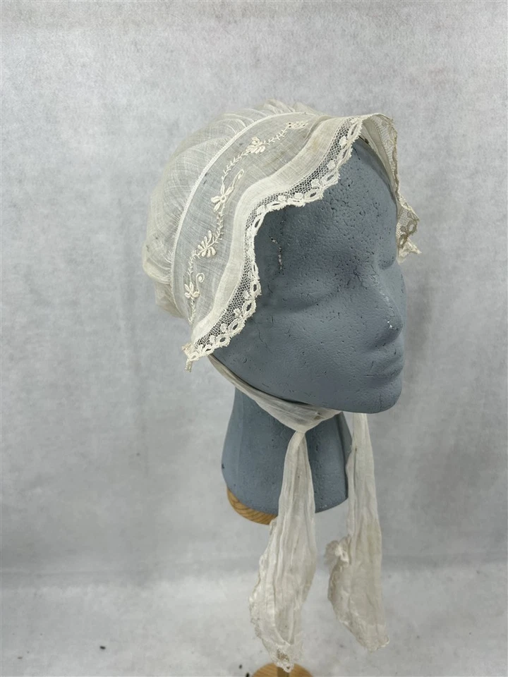 antique baby hat bonnet doll hand made white lace 14 around face 19th original  - Image 2 of 4