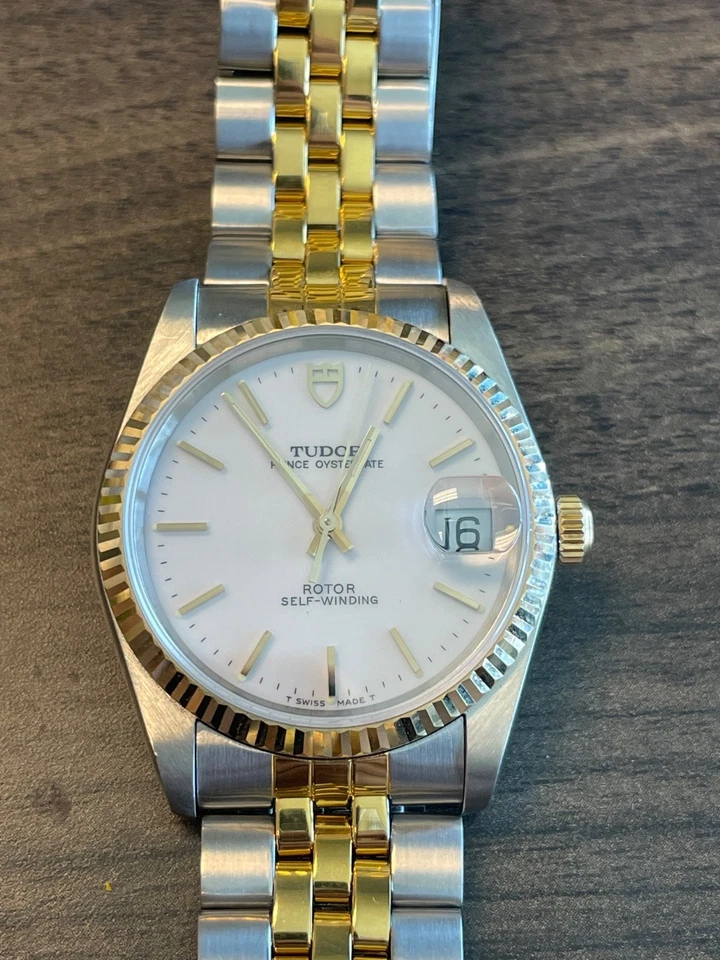 RARE TUDOR PRINCE OYSTER DATE WHITE 74033 TWO TONE STEEL YELLOW GOLD ROLEX CASE - Image 3 of 4