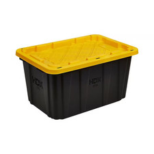 27 Gallon Tough Storage Tote Black Yellow Heavy Duty Stackable Plastic Bin