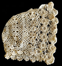 Antique Edwardian Irish Crochet Lace Baby Bonnet c1900 Raised Roses