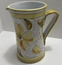 Vintage Italian Pottery Hand Painted Floral  Pitcher Yellow White And Green 6.5”