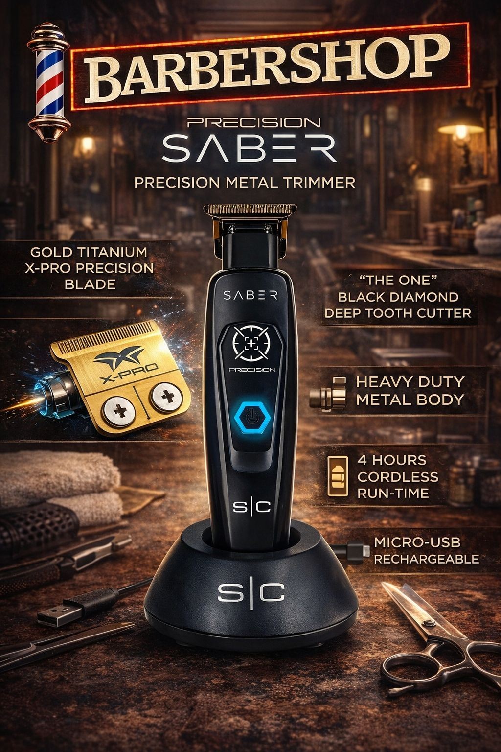 StyleCraft Saber Cordless Hair Trimmer W/Digital Brushless Motor Black | SC403B