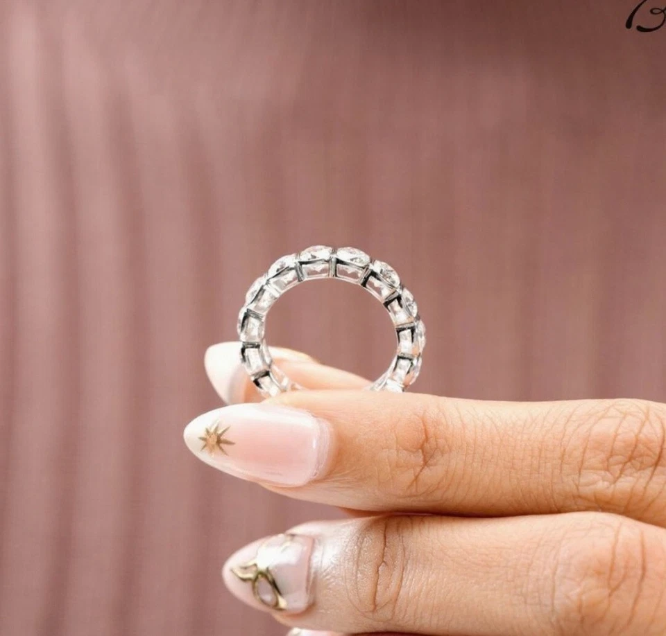 2 Ct Cushion Cut Moissanite Bezel Set Full Eternity Wedding Band 14K White Gold - Image 3 of 4