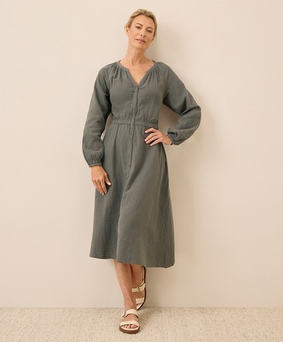 Pact Coastal Double Gauze Poet Sleeve Dress Castor Green L W6P