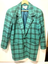 Vintage CARLISLE 100 Silk Emerald/Black Plaid Blazer. Size 10.