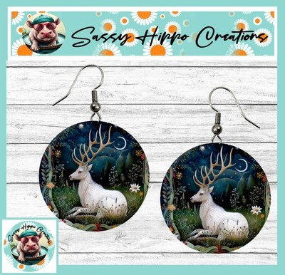 Earrings Round Silver Hook Backs White Deer Magical Midnight Forest MDF