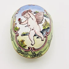 Vintage Cherub Angel Enameled Oval Trinket Box  With Lid Bows Countrycore Blue