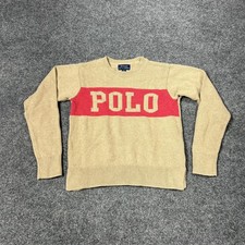 Polo Ralph Lauren Sweater Youth Medium 8-10 Tan Red POLO Logo Crewneck Knit