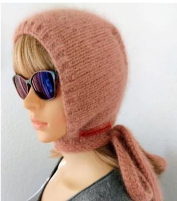 Handknitted Fluffy Angora Hood with ties, Knitted Wool Bonnet, Knitted Wool Hat