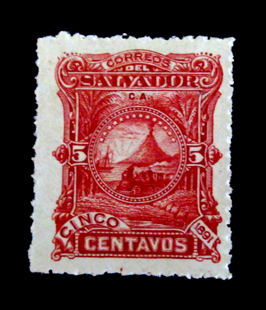 Salvador Stamp Scott 50 Locomotive Train Volcano Design 5 Centavos 1891 Mint NG