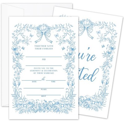 25 PCS Blue Floral Wedding Invitation Cards With Envelopes Mr And Mrs