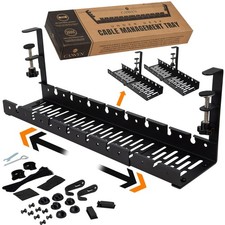 No Drill Under Desk Cable Management Tray - Extendable 16" to 31" Sturdy Stee...