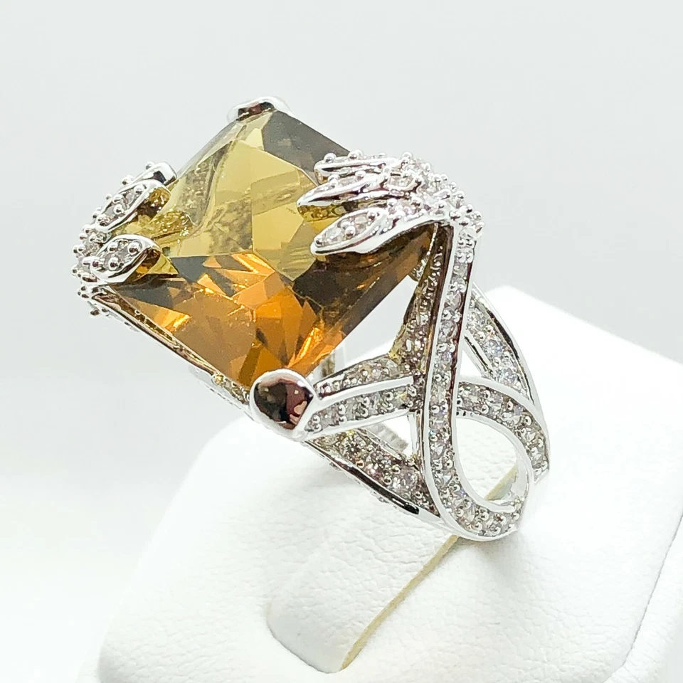 R3844-2 Mujeres Moda Joyería Blanco Amarillo Plato Peridoto Cóctel Anillo Regalo Foto 3 de 4