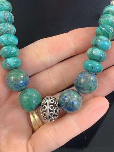 Vintage Blue Lapis Lazuli Spiderweb Turquoise Bead Sterling Silver Necklace M8 - Picture 3 of 15