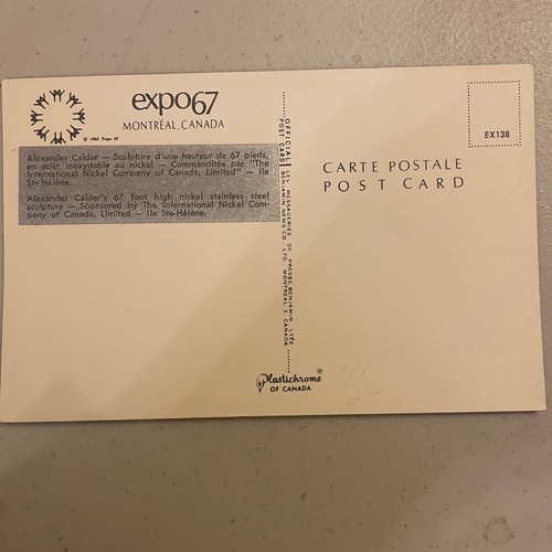 RARE Expo 67 Place International Nickel Alexander Calder Postcard - Picture 2 of 3