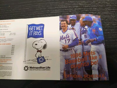 1986 New York Mets Baseball Pocket Schedule - Snoopy Met Life Insurance 
