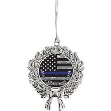 Thin Blue Line American Flag 2024 Silver Wreath Merry Christmas Ornament Gift