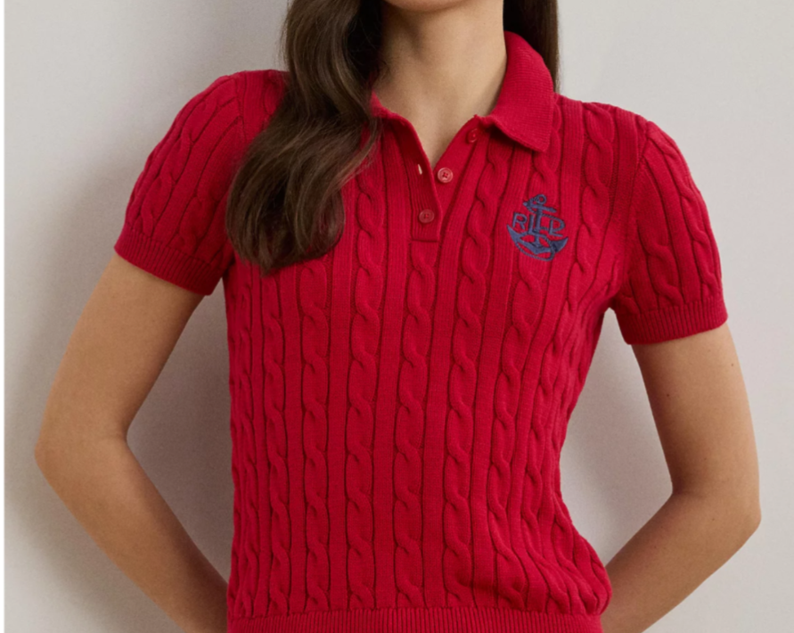 NWT Ralph Lauren Women's Anchor-Logo Cable-Knit Red Polo Sweater Size US XL NWT