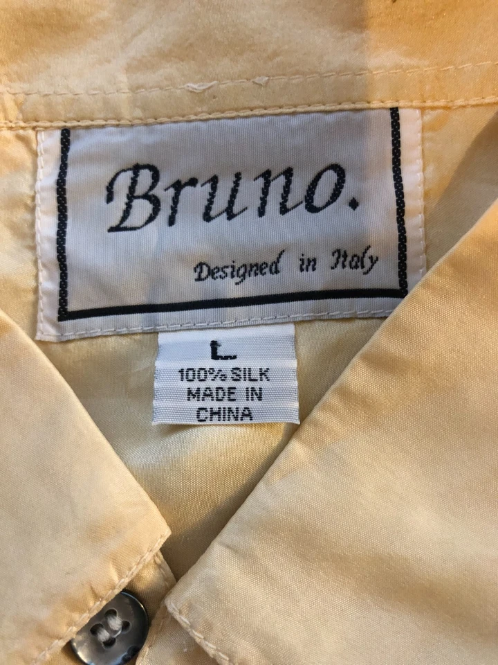 Bruno  Men shirt 100% silk yellow collared short sleeved size large - Image 2 of 4