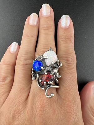 RARE Handmade Authentic Mexican Fire Opal Ring Size 8 Black, Blue & White A4
