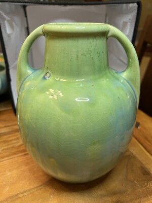 Vintage Fulper Pottery Bright Aqua and Teal Green #643 Handled Vase 8''