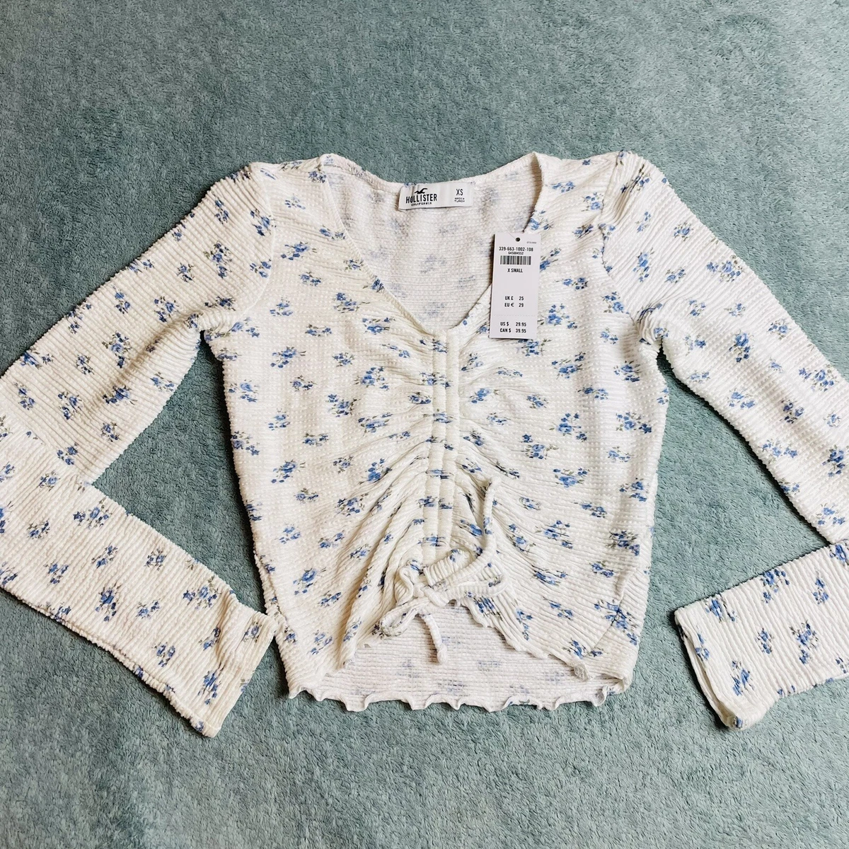 Hollister Extra Small XS White Blue Floral Cinch Front Crop Top Long Sleeve  NEW