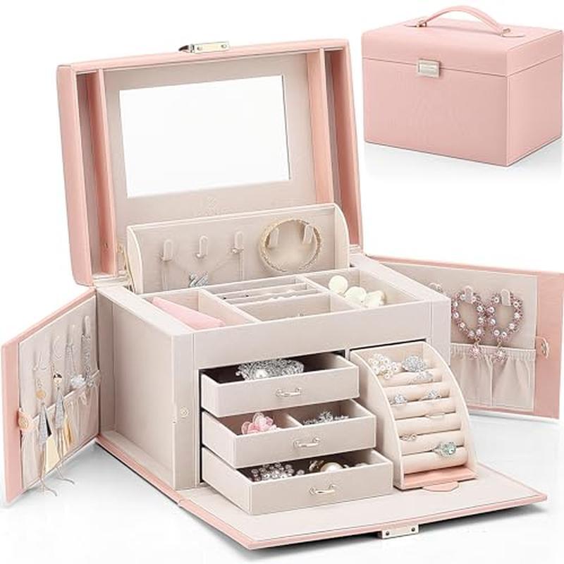 Jewelry Organizer Box W/ Mirror 3 Drawers Travel Storage Durable Gift Women New-image