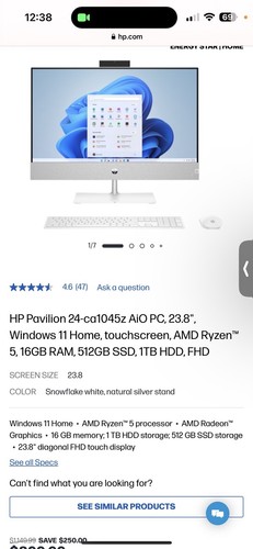 HP pavilion 24-ca1045z AiO PC, 23.8”.  windows 11 home, touchscreen - Picture 1 of 5